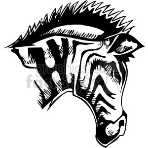 The image is a black and white clipart of a zebra's head. The design is stylized with bold lines and high contrast, making it suitable for vinyl cutting or as a tattoo template. The zebra exhibits a wild and somewhat aggressive look, characterized by a mane that transitions into sharp, spike-like shapes extending from the top of its head.