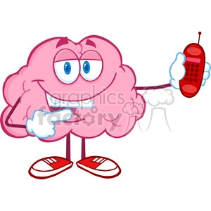 5863 Royalty Free Clip Art Happy Brain Character Holding A Mobile Phone