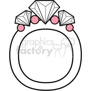 The image depicts a stylized line drawing of a ring adorned with three diamonds and decorative pink accents.