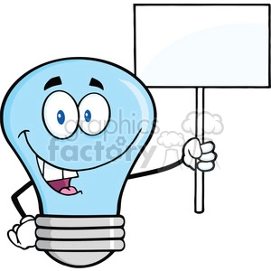 6140 Royalty Free Clip Art Blue Light Bulb Cartoon Character Holding Up A Blank Sign
