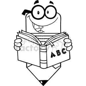 5915 Royalty Free Clip Art Smiling Pencil Teacher Character Reading A Shool Book