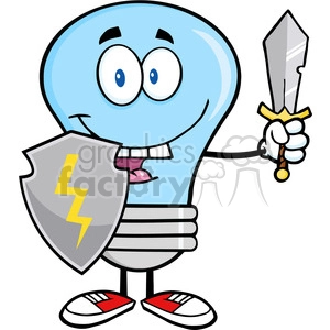 6028 Royalty Free Clip Art Blue Light Bulb Guarder With Shield And Sword1