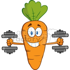 Royalty Free RF Clipart Illustration Smiling Carrot Cartoon Character Exercising With Dumbbells