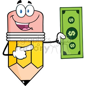 5926 Royalty Free Clip Art Pencil Cartoon Character Showing A Dollar Bill