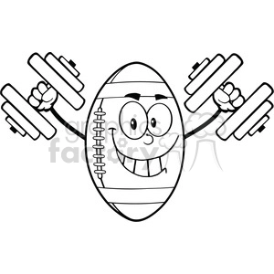 6574 Royalty Free Clip Art Black and White Smiling American Football Ball Cartoon Mascot Character Training With Dumbbells