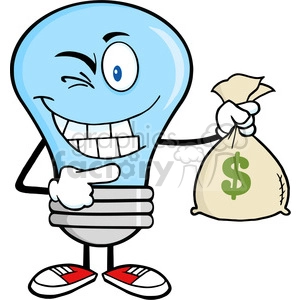 6014 Royalty Free Clip Art Blue Light Bulb Cartoon Mascot Character Holding A Bag Of Money