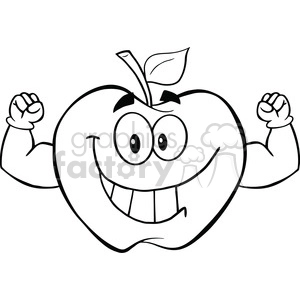 6506 Royalty Free Clip Art Black and White Apple Cartoon Mascot Character With Muscle Arms