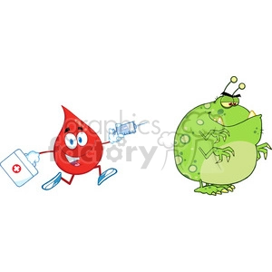 6195 Royalty Free Clip Art Red Blood Drop Character Chasing With A Syringe Germ Or Virus