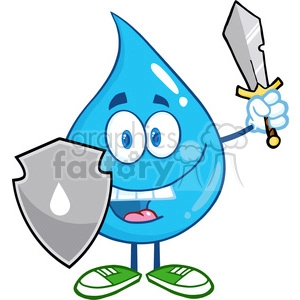 6212 Royalty Free Clip Art Water Drop Cartoon Mascot Guarder With Shield And Sword