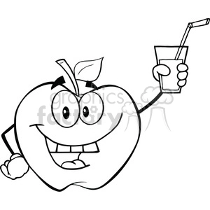 6527 Royalty Free Clip Art Black and White Apple Cartoon Character Holding A Glass With Drink