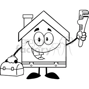 6455 Royalty Free Clip Art Black and White House Plumber With Wrench And Tool Box