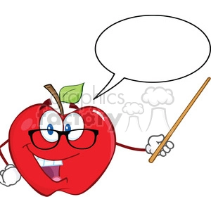 6510 Royalty Free Clip Art Smiling Apple Teacher Character With A Pointer And Speech Bubble