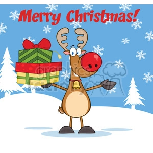 6685 Royalty Free Clip Art Merry Christmas Greeting With Rudolph Reindeer Holding Up A Stack Of Gifts