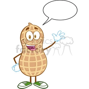 6598 Royalty Free Clip Art Happy Peanut Cartoon Mascot Character Waving For Greeting With Speech Bubble