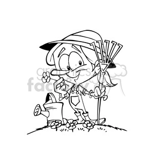 cartoon gardener holding a rake outline