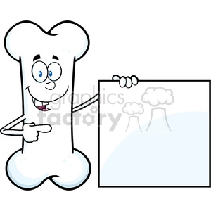 The clipart image features a cartoon character in the shape of a bone. The bone character has a big smile, wide eyes, and is holding a blank signboard to the right side with one hand and pointing to it with the other hand, as if presenting or showcasing it.