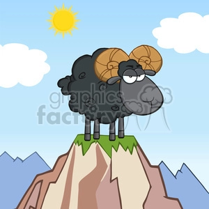The image is a cartoon of a black ram (a male sheep) standing atop a mountain peak. The ram has exaggerated large, curled horns typical of a ram, a humorous facial expression with one raised eyebrow, and glasses, which adds to the comical effect. The background features a blue sky with a sun and a few clouds, and other mountain peaks in the distance.