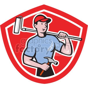 handyman holding hammer and paint roller logo