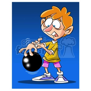 cartoon kid bowling with ball stuck on fingers