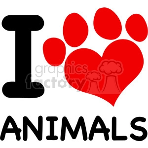 Royalty Free RF Clipart Illustration I Love Animals Text With Red Heart Paw Print