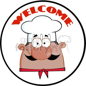 The clipart image depicts a cartoon character of a chef with a welcoming expression. The character is wearing a traditional white chef's hat, has a big friendly smile, and a red neckerchief tied in a knot. The chef appears to be inside a circular frame with the word WELCOME arched over the top in bold red letters.