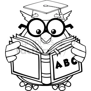 Royalty Free RF Clipart Illustration Black And White Wise Owl Teacher Cartoon Mascot Character Reading A ABC Book