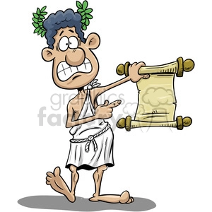 The clipart image shows a cartoon character who appears to be Greek or Roman holding a paper scroll. The character is depicted in a humorous style, with exaggerated features and expressions. The scroll may represent an ancient document or scripture from the past.
