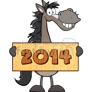 This clipart image features an anthropomorphic horse holding a wooden sign with the numbers 2014 prominently displayed on it. The horse is cartoonish in style, with a friendly and happy expression, standing upright on two legs and using its front limbs to hold the sign.