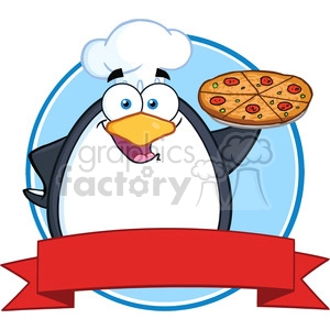Royalty Free RF Clipart Illustration Chef Penguin Holding A Pizza Pie Circle Banner