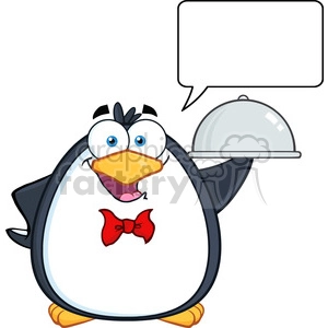 Royalty Free RF Clipart Illustration Waiter Penguin Serving Food On A Platter With Speech Bubble