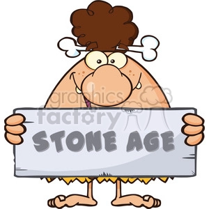 funny brunette cave woman cartoon mascot character holding a stone sign with text stone age vector illustration