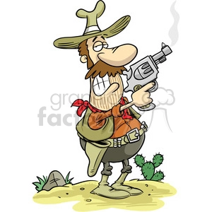 The clipart image shows a cartoon cowboy from the Wild West holding a smoking gun, likely after shooting it. He is depicted in a humorous style and appears to be an outlaw or gunslinger. The image captures the Western aesthetic with the cowboy hat, boots, and bandana around his neck.
