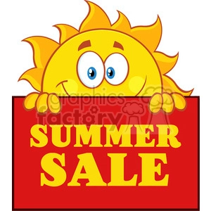 royalty free rf clipart illustration cheerful sun cartoon mascot character over a sign board with text summer sale vector illustration isolated on white background