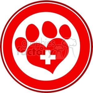Royalty Free RF Clipart Illustration Veterinary Love Paw Print Red Circle Banner Design With Cross