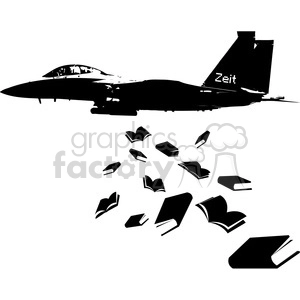 The clipart image depicts a fighter jet aircraft dropping books instead of bombs, symbolizing the idea of using education as a means of promoting peace and understanding instead of military force. The image is rendered in black and white. There are no apparent references to any specific government or military organization, nor any mention of fanatical or extremist ideologies.
