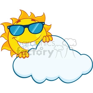 royalty free rf clipart illustration smiling summer sun mascot cartoon character with sunglasses hiding behind cloud vector illustration isolated on white background