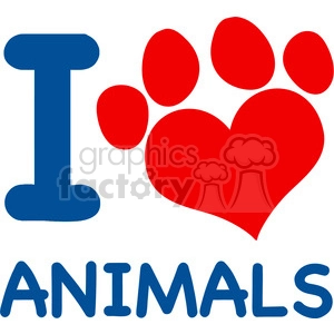 Royalty Free RF Clipart Illustration I Love Animals Text With Heart Paw Print In Red And Blue