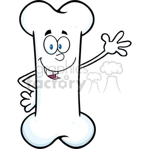 This clipart image features an anthropomorphic bone character. The bone is depicted with a funny, friendly cartoon face, including big eyes, a smiling mouth with a tongue, and a hand raised in a waving gesture.