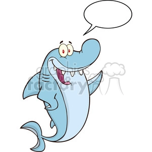 This is a clipart image of a humorous, anthropomorphic shark. The shark is light blue, has big, bulging, red-rimmed eyes, a wide, open mouth showing teeth, and is seemingly speaking or ready to speak as indicated by the empty speech bubble above its head.