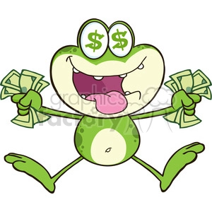 The clipart image displays a cartoonish, anthropomorphic green frog with large, excited eyes that have dollar signs in them. The frog appears to be smiling broadly with its tongue sticking out, and it's holding a wad of cash in each of its hands. Its posture is dynamic, suggesting happiness or enthusiasm about the money it is holding.