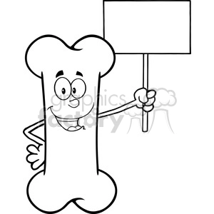 The image is a black and white line drawing of an anthropomorphic bone character. The bone character has a face, arms, and hands, and it is holding up a blank sign or placard with its right hand. The character appears to be smiling and has a comical look, which corresponds to the funny keyword.