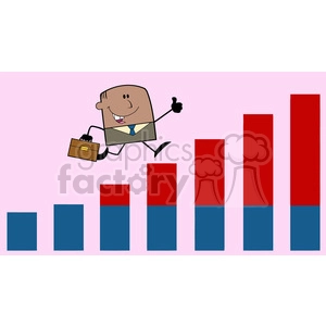 Royalty Free RF Clipart Illustration African American Businessman Giving A Thumb Up And Running Over Growing Bar Chart Cartoon Character On Background