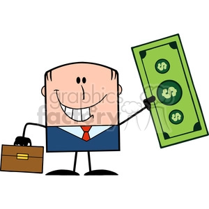 Royalty Free RF Clipart Illustration Lucky Businessman With Briefcase Holding A Dollar Bill Cartoon Character