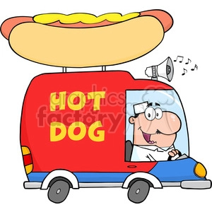 Royalty Free RF Clipart Illustration Happy Hot Dog Vendor Driving Truck