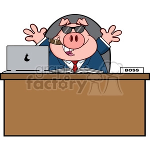 Royalty Free RF Clipart Illustration Businessman Pig Cartoon With Sunglasses Cigar Behind Desk