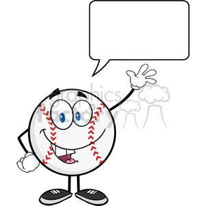 Baseball Ball Cartoon Mascot Character Waving For Greeting With Speech Bubble