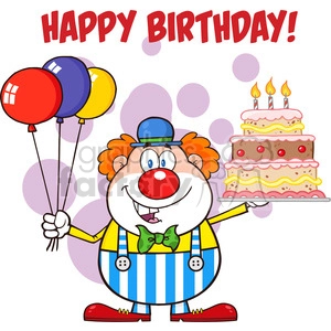 Royalty Free RF Clipart Illustration Happy Birthday With Clown Cartoon Character With Balloons And Cake With Candles