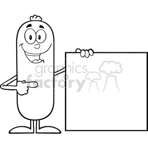 8487 Royalty Free RF Clipart Illustration Black And White Sausage Cartoon Character Pointing To A Blank Sign Vector Illustration Isolated On White