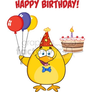 8619 Royalty Free RF Clipart Illustration Happy Birthday With Chick Holding Up A Colorful Balloons And Birthday Cake Vector Illustration Isolated On White With Text