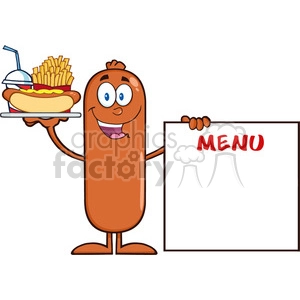 8494 Royalty Free RF Clipart Illustration Happy Sausage Cartoon Character Carrying A Hot Dog, French Fries And Cola Next To Menu Board Vector Illustration Isolated On White